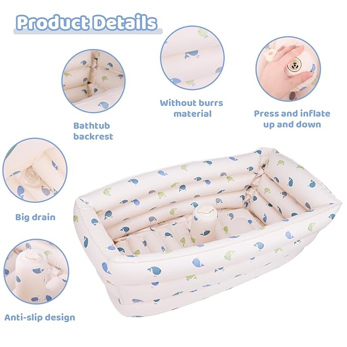 Inflatable Baby Bathtub with Built-in Air Pump, Portable Bathtub for Babies 1-5 Years Old, Small Ball Pool, Foldable Bath Tub for Travel, 30.7 x 14.6 Inch (Whale)