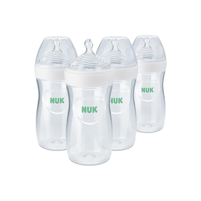 NUK Simply Natural Baby Bottle with SafeTemp, Anti-Colic Vent, and Slow Flow Nipple for Natural Feeding, 9 oz., 4-Pack