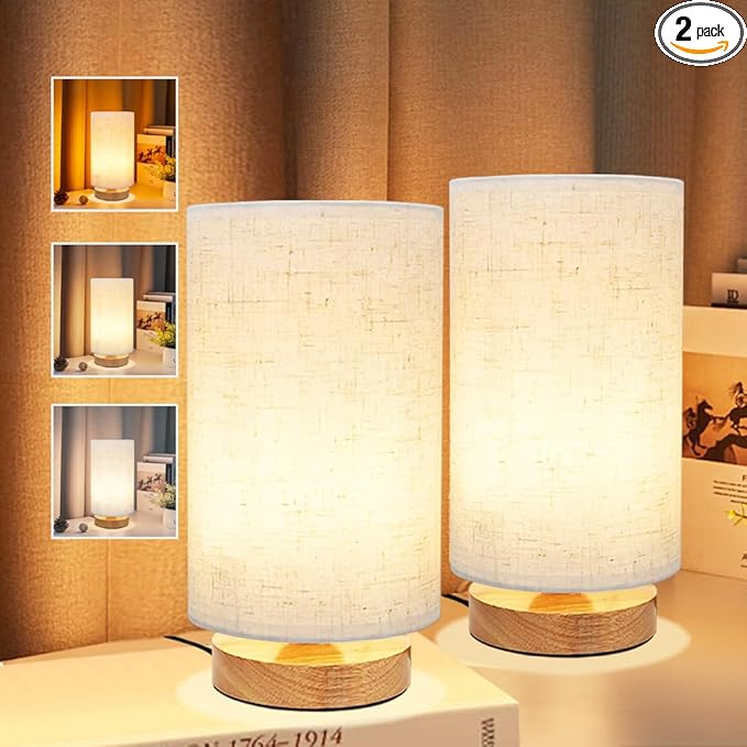 3-Color Adjustable Bedside Table Lamp for Bedroom Set of 2,Minimalist Wood Base&Round Fabric Shade,Cozy Lighting Nightstand Boho Lamp,Reading Desk Night Stand Light for Room,Office,kitchen,Nursery