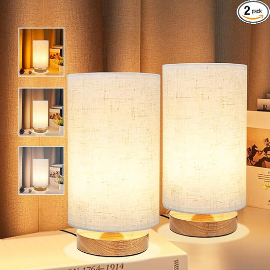 3-Color Adjustable Bedside Table Lamp for Bedroom Set of 2,Minimalist Wood Base&Round Fabric Shade,Cozy Lighting Nightstand Boho Lamp,Reading Desk Night Stand Light for Room,Office,kitchen,Nursery