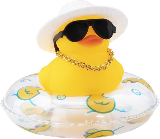 wonuu Car Rubber Duck, Yellow Duck Decoration Dashboard with Sun Hat Swim Ring Necklace Sunglasses for Car Dashboard Decorations