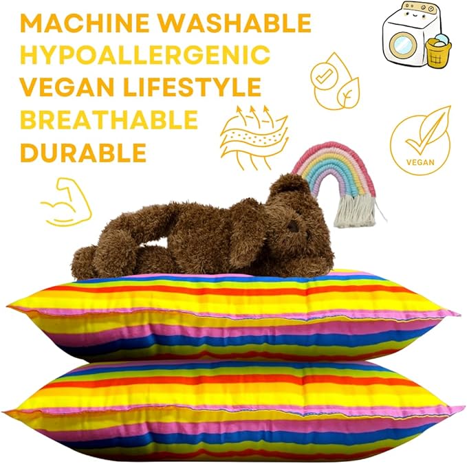 kinder Fluff Children Pillow (2Pk) 10x15in – First Pillow for Kids Age 2+, Bright Rainbow Design, 100% Cotton Sateen Stripe 300T, Down Alternative Fill, Machine Washable, Colourful Kids Cushion XS