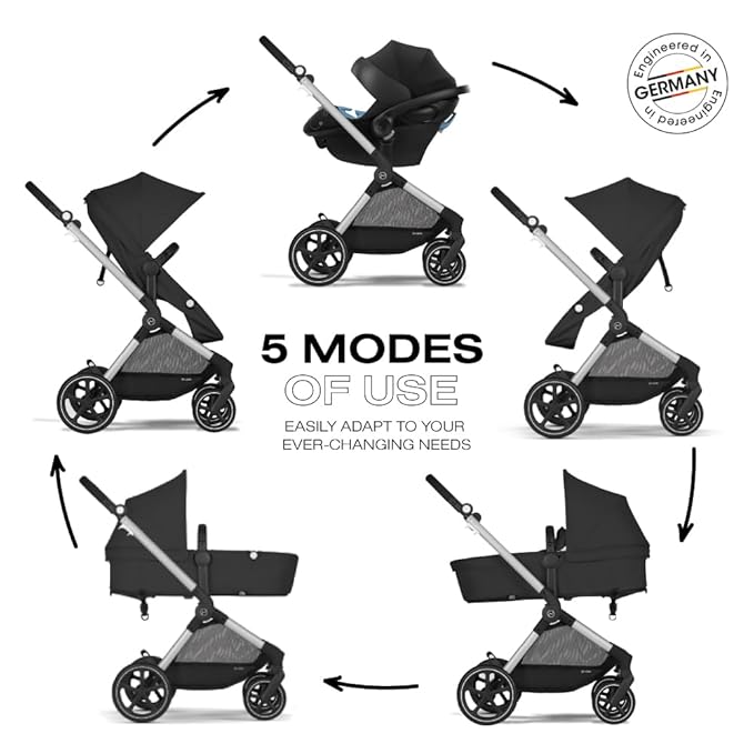 Cybex EOS 5-in-1 Travel System Stroller + Lightweight Aton G Infant Car Seat, Moon Black, Silver Frame