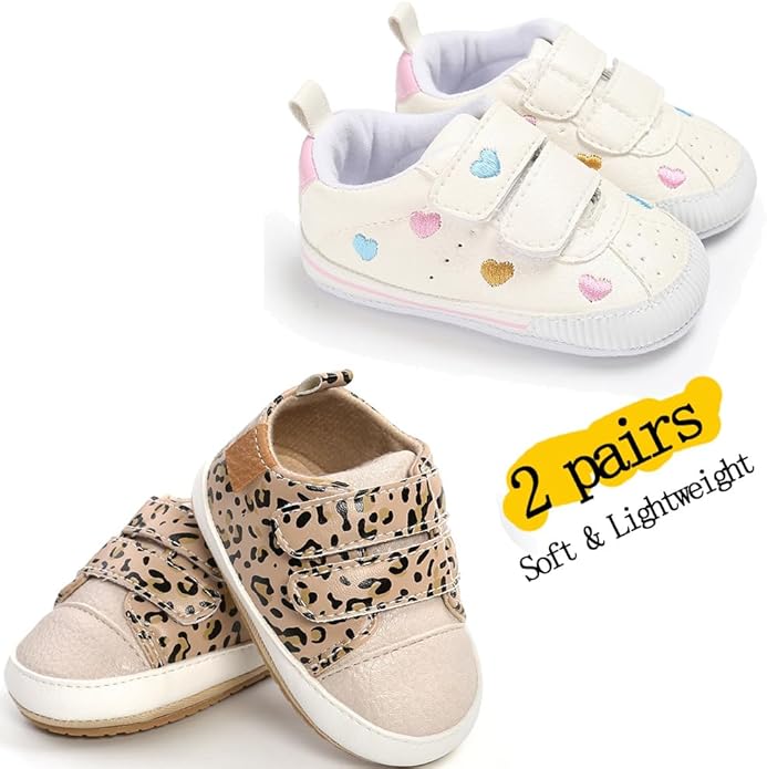 2Pairs Baby Shoes,Boys Girls Non-Slip Rubber Sole Sneakers,Unisex Infant Soft Lightweight First Walking Crib Shoes
