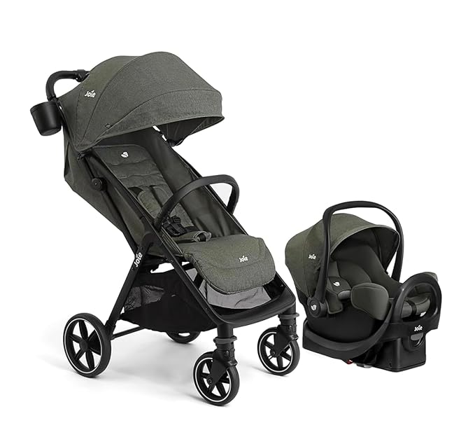 Joie Nutmeg and Rue Travel System – Travel Friendly Compact Stroller with Automatic Fold, Lightweight Car Seat & Anti-Rebound Base (Evergreen)