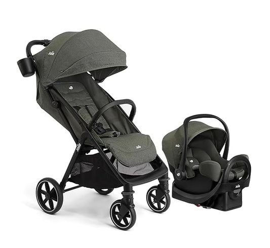 Joie Nutmeg and Rue Travel System – Travel Friendly Compact Stroller with Automatic Fold, Lightweight Car Seat & Anti-Rebound Base (Evergreen)
