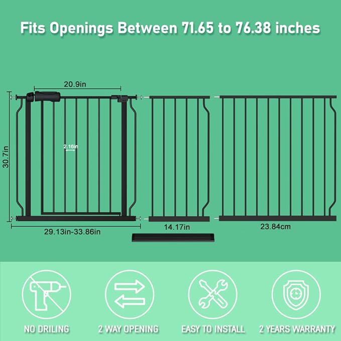 ALLAIBB Extra Wide Pressure Mounted Baby Gate Walk Through Child Kids Safety Toddler Tension White Long Large Pet Dog Gates with Extension for doorways Kitchen (71.65-76.38"/182-194cm, Black)