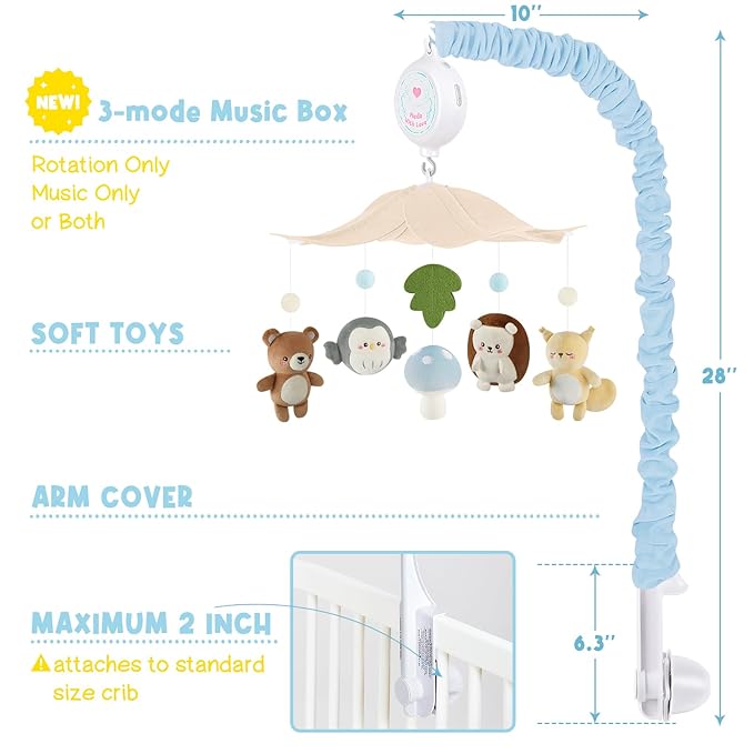 Woodland Crib Mobile – Animals Baby Mobile for Crib with Upgraded 3-Mode Music Box, Blue Nursery Mobiles for Boys & Girls, Fits Standard Cribs, Forest Nursery Decor