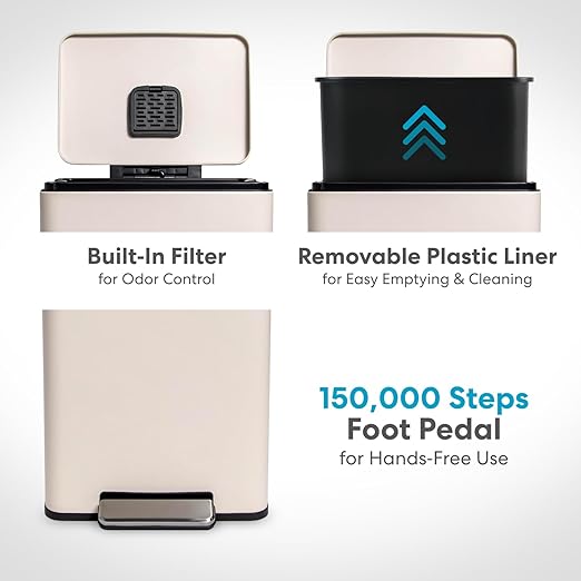 50 Liter / 13.2 Gallon Soft-Close, Smudge Resistant Trash Can with Foot Pedal and Built in Filter- White Color