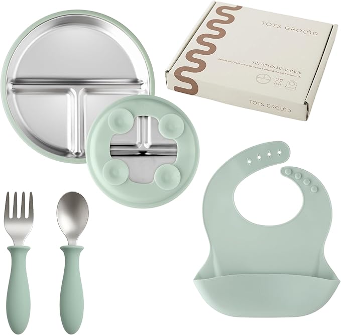 Stainless Steel Toddler Feeding Set 4 Pieces – Suction Plate, Silicone Bib, Spoon & Fork – Divided Plates for Baby Led Weaning, BPA-Free, Removable Shell (Sage Green)