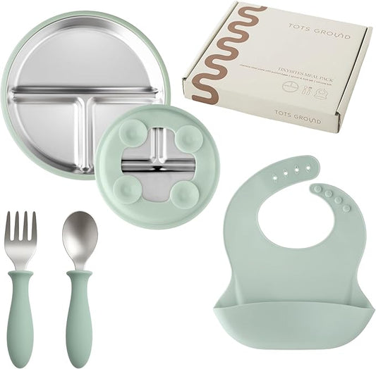 Stainless Steel Toddler Feeding Set 4 Pieces – Suction Plate, Silicone Bib, Spoon & Fork – Divided Plates for Baby Led Weaning, BPA-Free, Removable Shell (Sage Green)