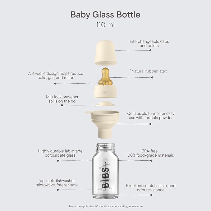 BIBS Baby Glass Bottle. Anti-Colic. Round Natural Rubber Latex Nipple. Supports Natural Breastfeeding, Complete Set - 110 ml, Cloud