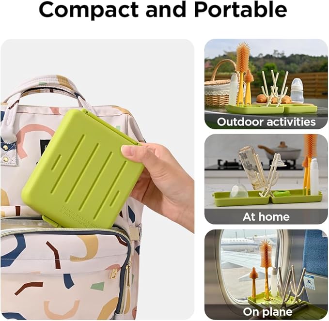 Travel Bottle Brush with Portable Bottle Drying Rack, Baby Bottle Brush for Baby Travel Essential, Green