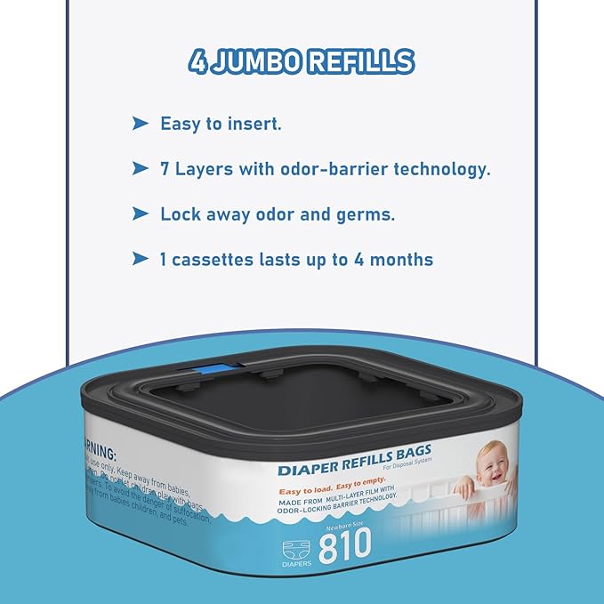Jumbo Square Refills Disposal Bags Refill Compatible with Diaper Genie Classic, Compact and Select Pails, Hold Up to 810 Newborn-Sized Diapers Per Refill, Pack of 6
