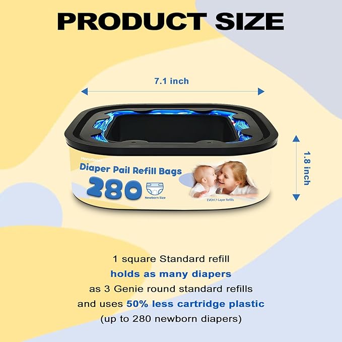 Standard Square Refills Disposal Bags Refill Compatible with Diaper Genie Compact, Select & Classic Pails — Holds Up to 280 Newbomn Diapers Per Refill, 7-Layer EVOH Film, Max Odor Control, 6 Pack