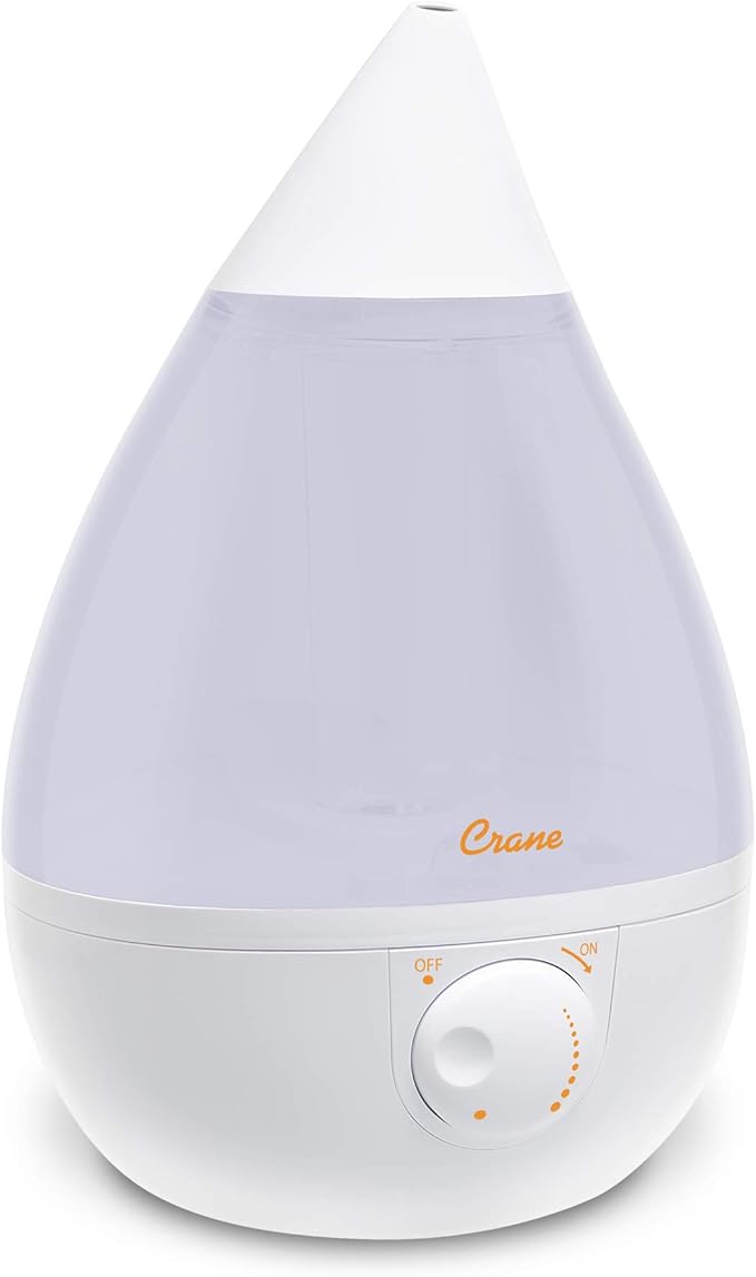 Crane White Drop Ultrasonic Cool Mist Teardrop Humidifier, 1 Gallon Tank, Baby Humidifier for Nursery, Bedroom, Plants, Office, Adjustable Mist Levels
