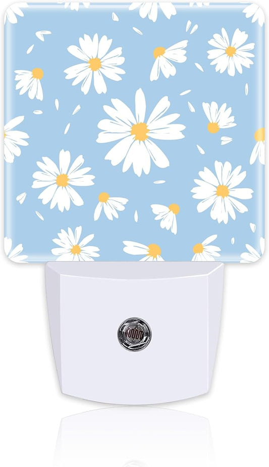 Watercolor White Daisies Flowers Night Light for Kids,Abstract Floral Flying Petals Night Light Plug in with Dusk to Dawn Sensor,0.5w Energy Saving Nightlight for Hallway Stairway Kitchen Bedroom
