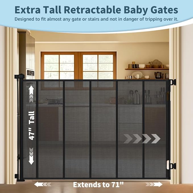 47” Extra Tall Retractable Baby Gate, Reinforced Mesh Dog Gate Extends to 71" Wide, Baby Gate for Stairs, Doorways, Hallways, Indoor and Outdoor, Black