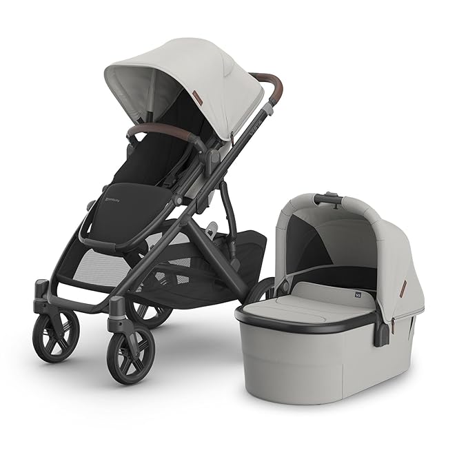 UPPAbaby Vista V3 Stroller + Bassinet V3 - Convertible Single-to-Double Stroller System- Bassinet, Toddler Seat, Bug Shield, Rain Shield Included - Savannah (Pearl Gray/Carbon Frame/Chestnut Leather)
