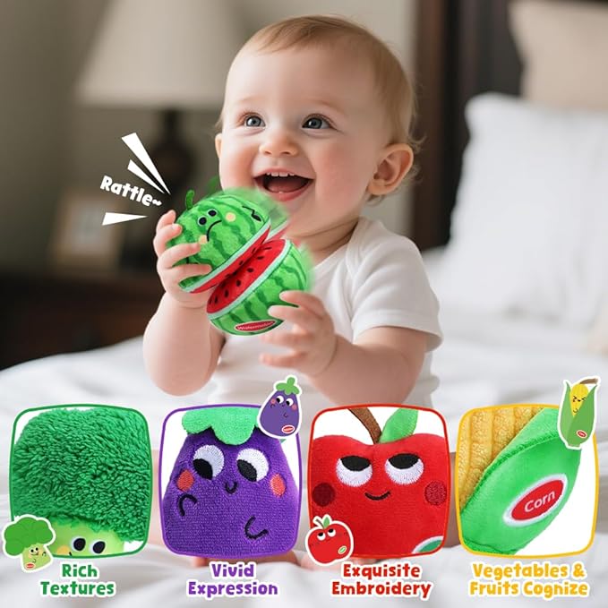 My First Fruit Vegetable Basket, 10 PCS Play Food for Toddler with Sorting Basket, Shapes Sensory Bean Bags, Baby Sensory Toys, Sorting Matching Playset, Soft Plush Stuffed Toys with Crinkle, Rattle