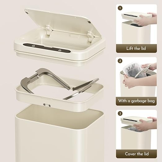ELPHECO Stainless Steel Office Trash Can Motion Sensor Garbage Can Touchless Smart Trash Can Automatic Waste Bin for Kitchen, Office, Bathroom (Cream Beige, 6.6 Gallons), 2AA