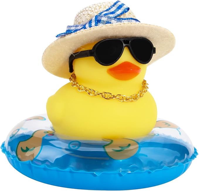 wonuu Car Rubber Duck, Yellow Duck Decoration Dashboard with Sun Hat Swim Ring Necklace Sunglasses for Car Dashboard Decorations