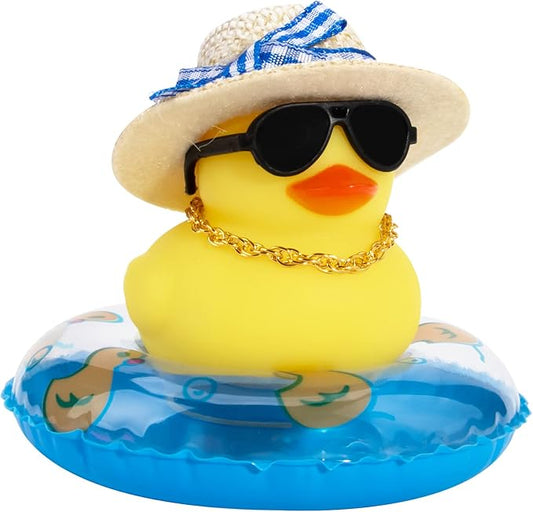 wonuu Car Rubber Duck, Yellow Duck Decoration Dashboard with Sun Hat Swim Ring Necklace Sunglasses for Car Dashboard Decorations