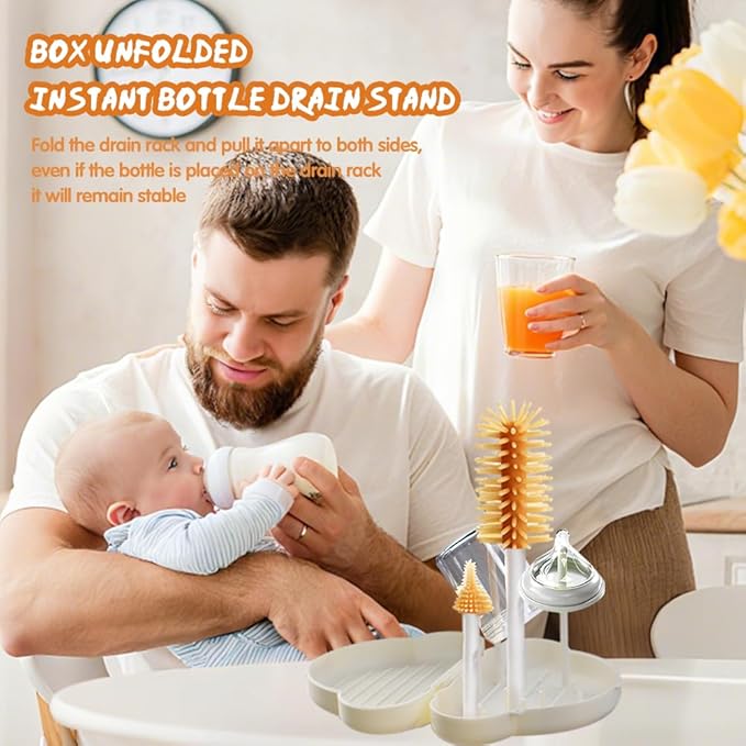 7-in-1 Baby Bottle Brush Set with Silicone Nipple & Straw Brushes, Soap Dispenser, Foldable Drying Rack, Portable Case – for Home & Travel