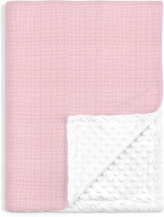Baby Blankets for Girls, Soft Nursery Minky Blankets with Muslin and Dotted Fleece Back 30x40 inches, Receiving Bed Quilt for Newborn, Infants, Toddlers (Pink)