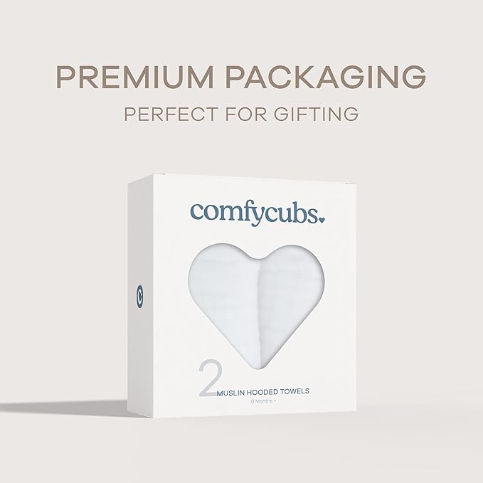 Comfy Cubs Hooded Baby Towel 2-Pack, Large 32 x 32 Inch - 6 Layer 100% Muslin Cotton for Babies, Toddlers and Kids - Soft & Absorbent Baby Bath Towels - Unisex Design for Bath Time - White