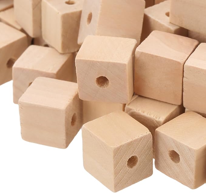 SINJEUN 500 Pcs 1/2 Inch Wood Cubes with Holes, Unfinished Solid Wooden Blocks Wooden Square Beads Small Wood Blocks for Crafts, DIY Projects