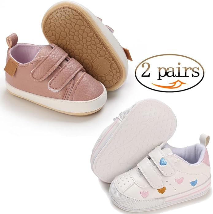 2Pairs Baby Shoes,Boys Girls Non-Slip Rubber Sole Sneakers,Unisex Infant Soft Lightweight First Walking Crib Shoes