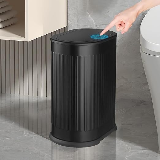 1.6 Gallon Trash Can with Lid, Small Bathroom Trash Can Wastebasket, Slim Garbage Can with Inner Bucket, Press Top Lid Garbage Container Bin for Kitchen, Home, Office, Bedroom, Living Room (Black)