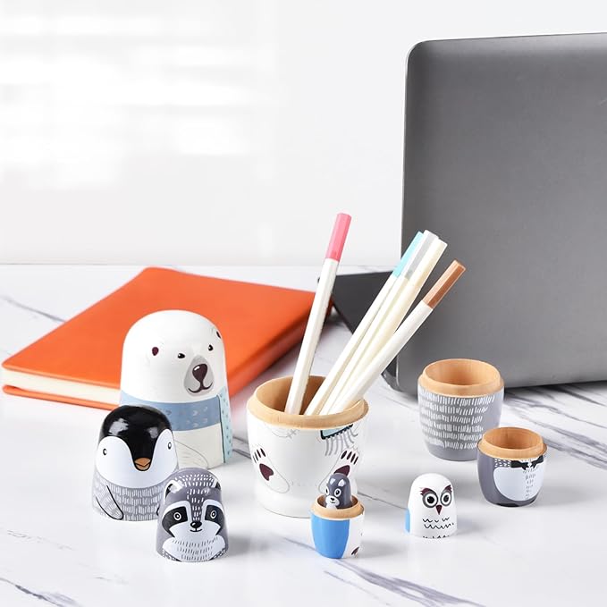 Nesting Dolls, 5Pcs 6" Tall Russian Nesting Dolls, Polar Bear Christmas Decorations，Handmade Matryoshka for Kids, Wooden Stacking Toys for Christmas Home Wedding Party Decorations (Polar Bear)