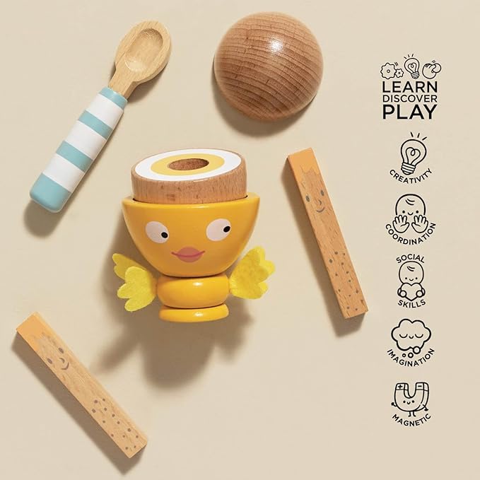 Le Toy Van - Wooden Honeybake 'Chicky Chick' Wooden Egg Cup Set | Pretend Food Kitchen Play Toy Set | Kids Role Play Toy Kitchen Accessories