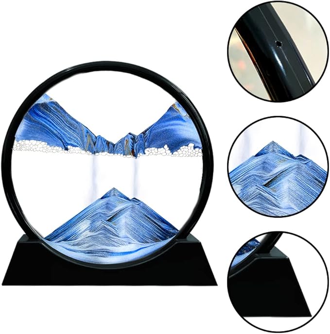 Aoderun Moving Sand Art Picture Round Glass 3D Deep Sea Sandscape in Motion Display Flowing Sand Frame Relaxing Desktop Home Office Work Decor (7", Blue)