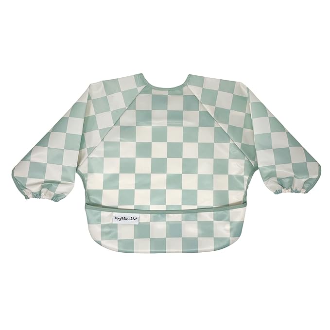Tiny Twinkle Long Sleeve Bib for Babies & Toddlers – Waterproof Smock Bib for Eating – Machine Washable & Mess-Proof, Baby Feeding Essential & Shower Must-Have(Checkers Sage, 2-4Y)