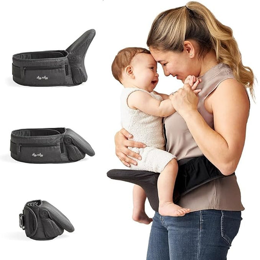 Itzy Ritzy Hip Seat Baby Carrier - 3 Ways to Hold & Support Babies and Toddlers Between 12-44 Pounds; Fits Up to 62" Waist (Black)