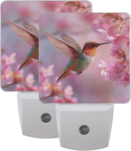 Aslsiy Night Light for Kids Hummingbird Hovering Near Blooming Cherry Flower Plug in Wall Lamp LED Dusk to Dawn Sensor Energy Saving Nightlight for Boys Girls Men Women