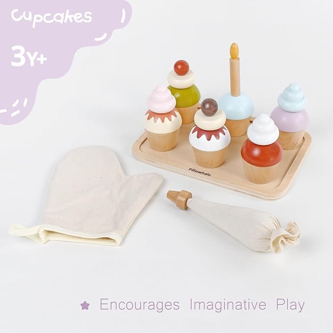 Wooden Cupcake Play Food Set – 21 PCS Pretend Cupcakes with Interchangeable Toppings, Candle, Tray, Piping Bag & Mitt, Birthday Cake Toy for Kids Kitchen & Tea Party Play, Ages 3+