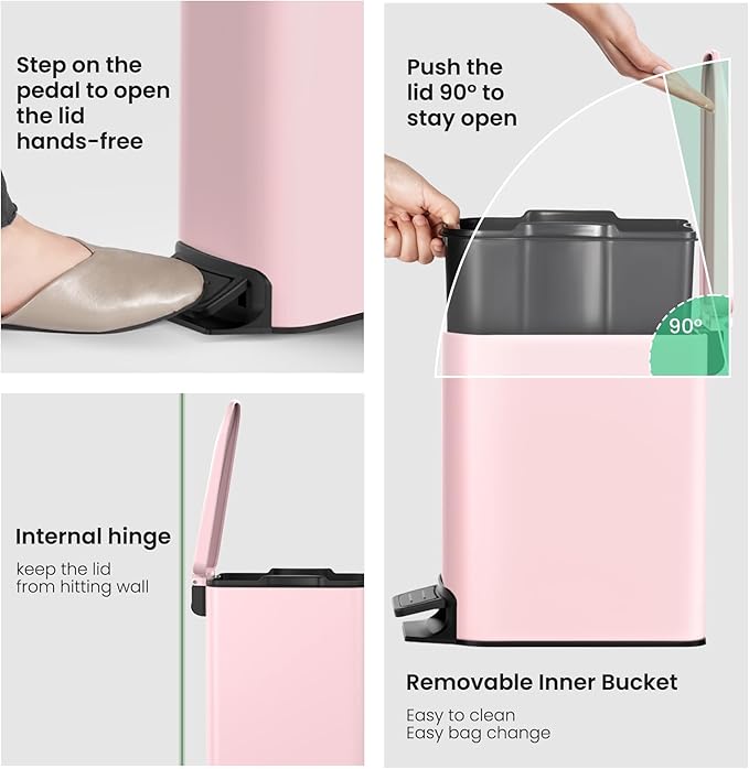 Cesun Small Bathroom Trash Can with Lid Soft Close, Step Pedal, 6 Liter / 1.6 Gallon Stainless Steel Garbage Can with Removable Inner Bucket, Anti-Fingerprint Finish (Pink)