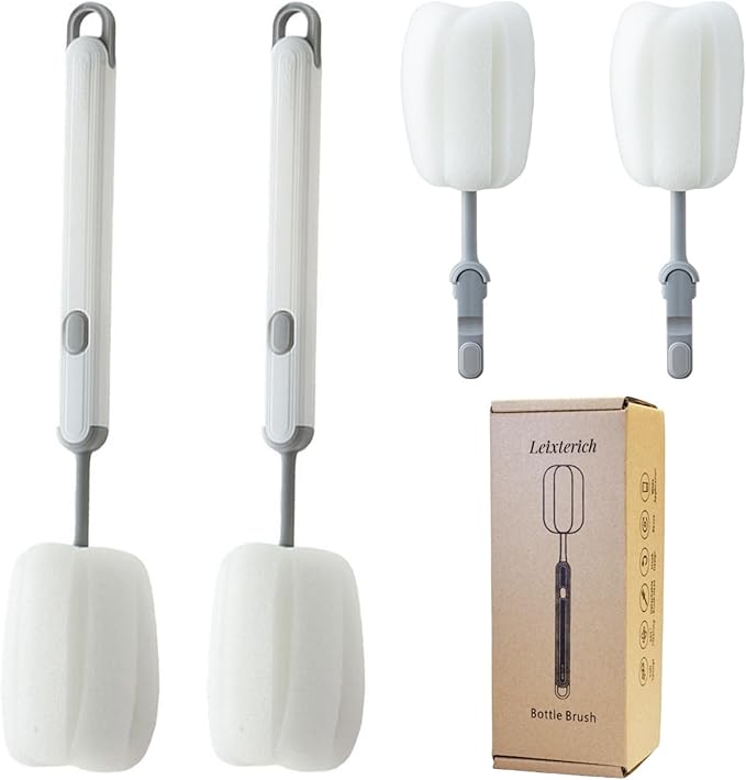 Bottle Brush Long Handle Cup Cleaner Brush Sponge Bottle Scrubber Detachable Handle Portable Sponge Cleaning Brush for Cups Wine Glasses Water Bottles Baby Bottles and Vacuum Flasks (White)