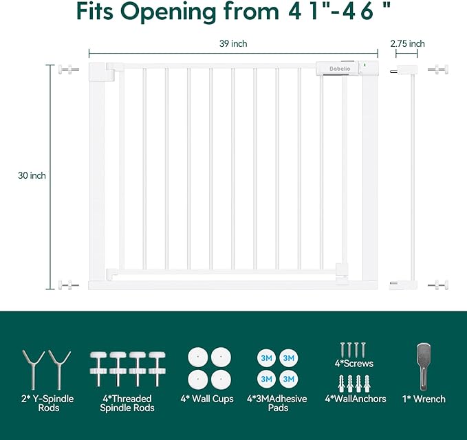 BABELIO Baby Gate for Doorways and Stairs, 41-46" Pet Gate with Wide Walk Thru Door and Lock Indicator, No Drill Pressure Mounted Safety Gate with Double Lock and Self-Closing, White