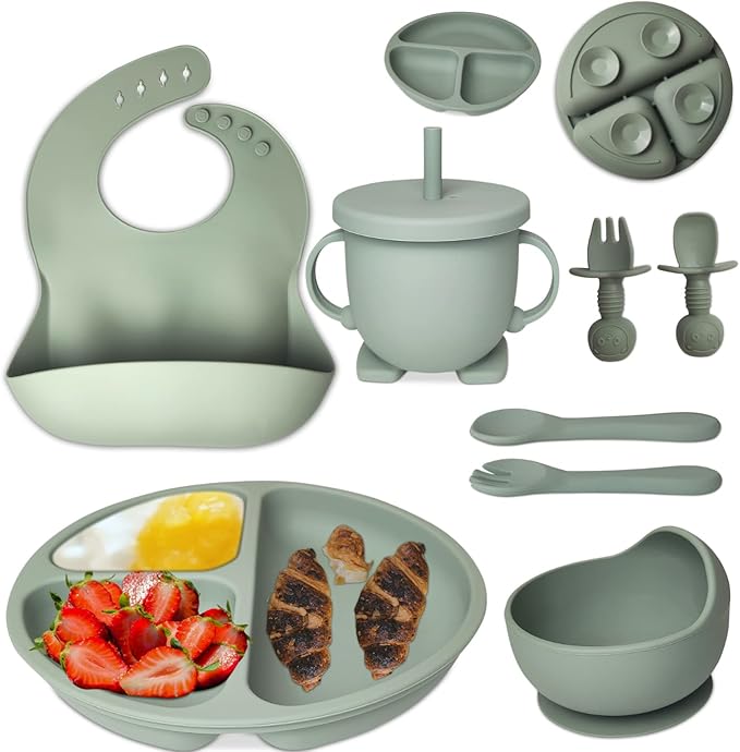 Baby Feeding Set 10-Piece | Baby Led Weaning Utensils Set Includes Suction Bowl and Plate, Baby Spoon and Fork, Sippy Cup, Straw, Lid & 2Bibs | Baby Feeding Supplies (Army Green)