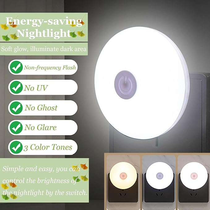 Plug-in Nightlight with Manual On/Off Switch - Night Lights Plug into Wall for Kids Bedroom Nursery, Kitchen Bathroom Hallway Stairs Stairways Corridor Garage, 3000K~5000K Daylight/Warm White 3 Colors
