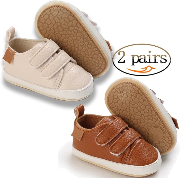 2Pairs Baby Shoes,Boys Girls Non-Slip Rubber Sole Sneakers,Unisex Infant Soft Lightweight First Walking Crib Shoes