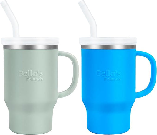 Bella's Friends Handy Mini Tumbler – Adorable 9 oz Toddler Sippy Cup, Stainless Interior & Silicone Body, Leak‑Proof, Dishwasher Safe, Gift for 1-3 Years Old Girls&Boys, 2 Pack, Azure Blue&Seafoam