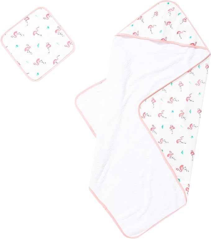 Bamboo Viscose Baby Hooded Towel & Washcloth Set for Babies and Toddlers, Soft & Absorbent, 70% Viscose from Bamboo, 30% Cotton Muslin - Imported (Flamingo)