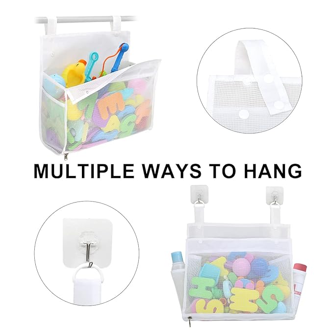 Bath Toy Organizer Multiple Ways to Hang, Extra Large Opening Bathroom Toy Holder, Bottom Zipper Bathtub Toy Storage Bag (White)