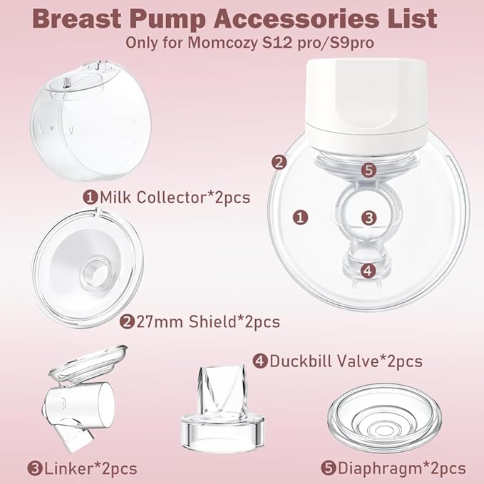 Two Full Milk Collector Cup Sets with 27mm Flange Compatible with Momcozy S12 Pro/S9 Pro Breast Pump, NOT for S9/S12, Replacement Pump Parts with Duckbill Valve, Flange, Diaphragm, Linker, Collector